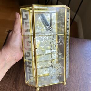 Vintage Glass Mirrored Display Cabinet Etched Floral Case For Miniature figures